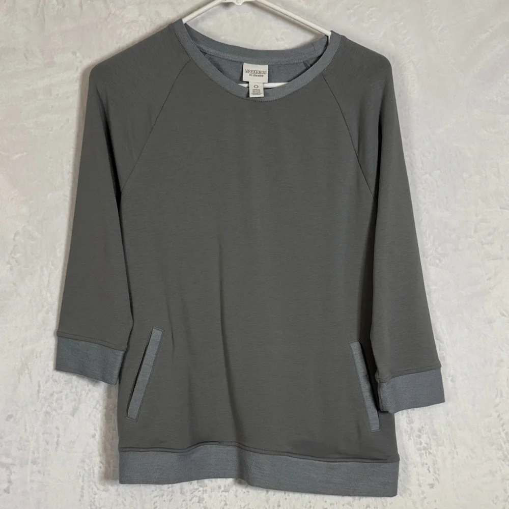 Weekends by Chico's Gray 3/4 Sleeve Sweatshirt Small